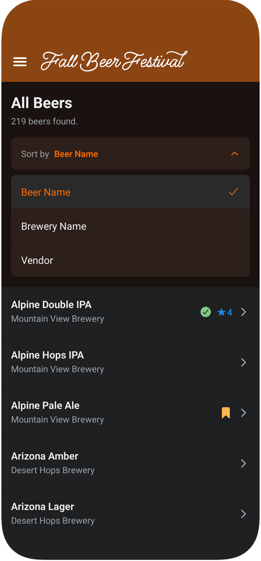 Festival app screen listing all beers on offer