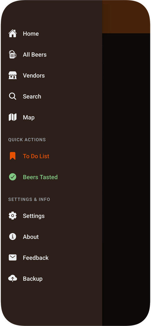 Festival app home screen in dark mode with a side menu open