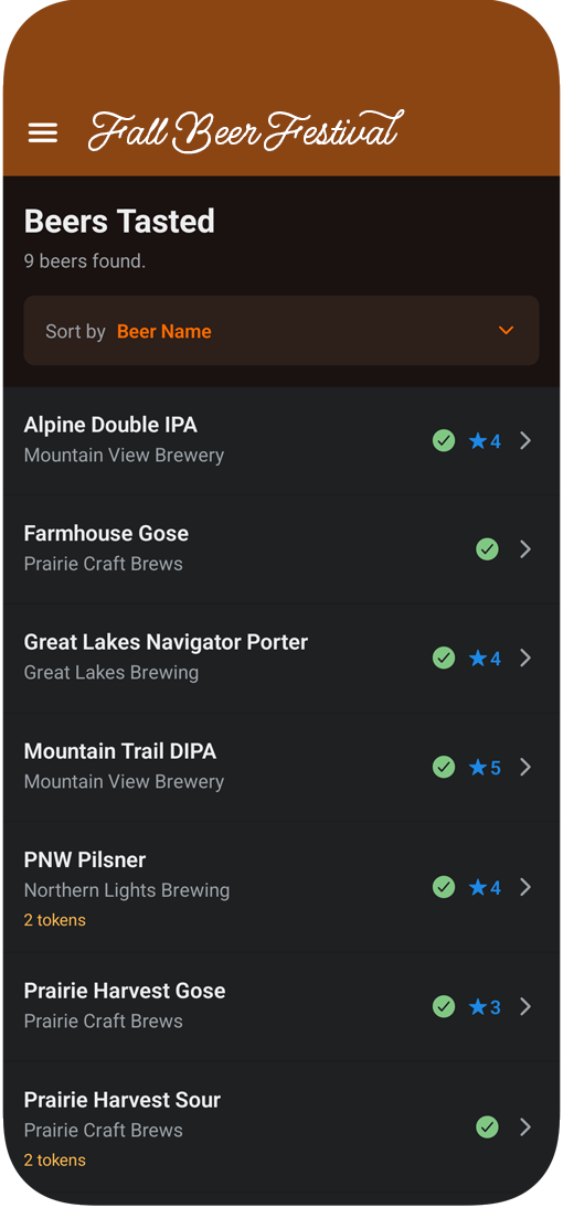 Festival app screen listing the beers already tasted