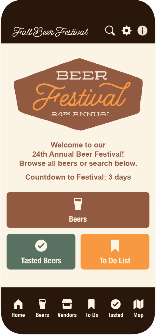 Festival app home screen in light mode with a bottom menu